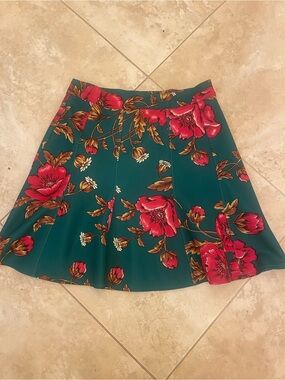Maeve by Anthropologie Teal Skater Skirt with Red Floral Print